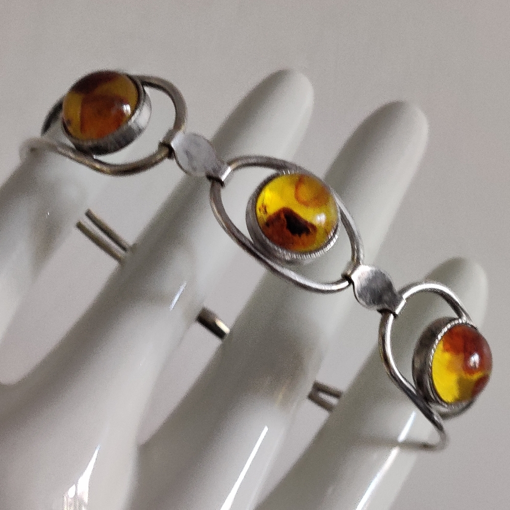 Vintage Baltic Amber Cabochons Hinged Cuff Bracelet